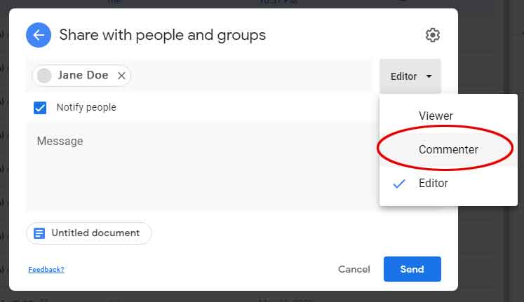 Google Docs share with commenter role example